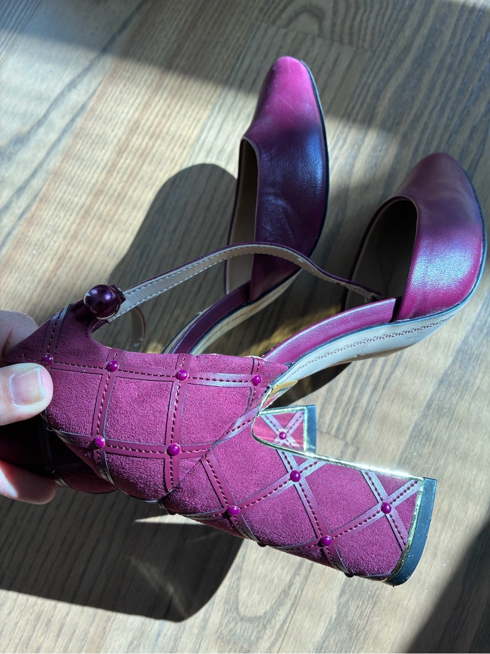 Karl Lagerfeld Raspberry Leather Block Heels - Picture 5 of 10